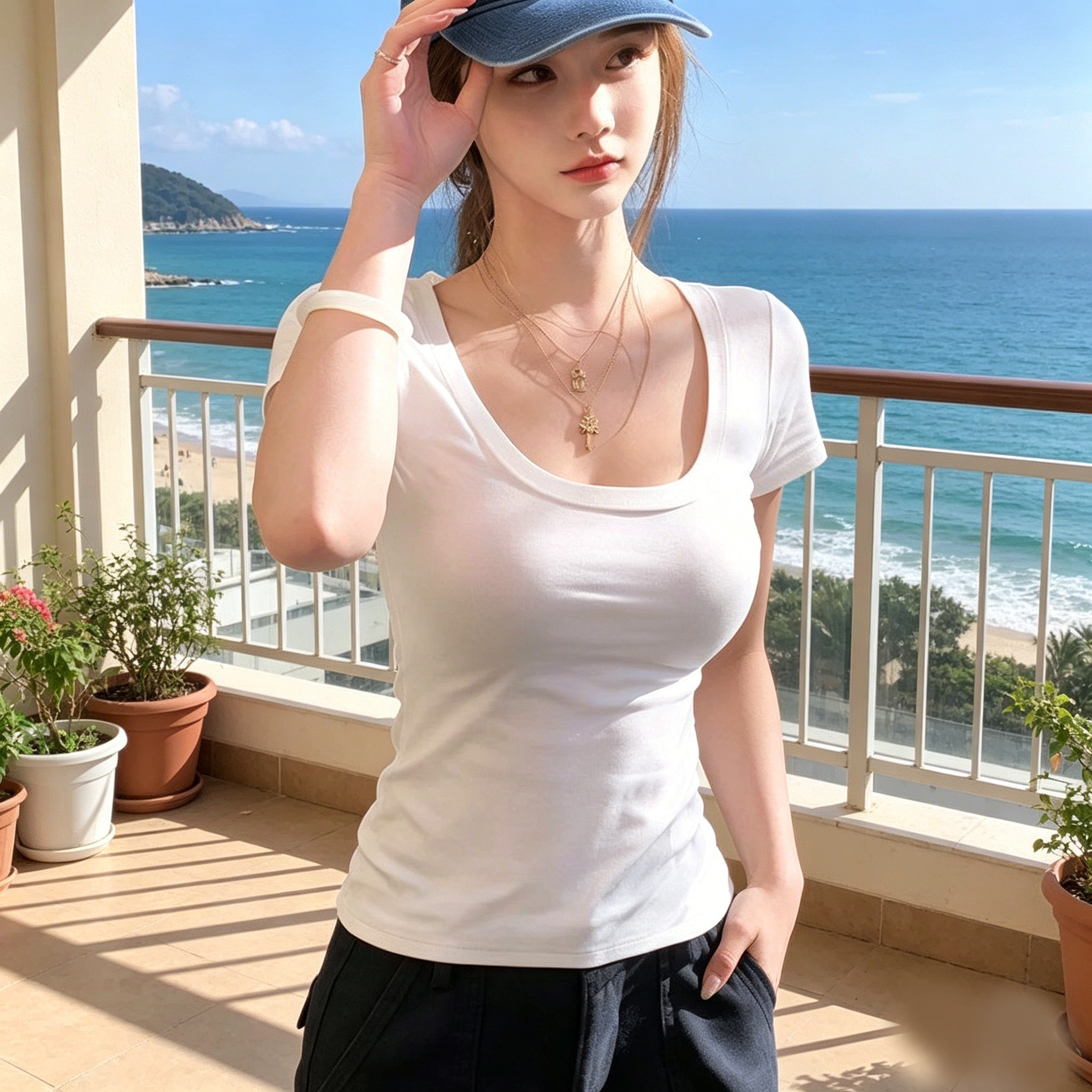 2026新款纯棉正肩白色方领短袖t恤u领上衣女夏季修身轻奢风高级感