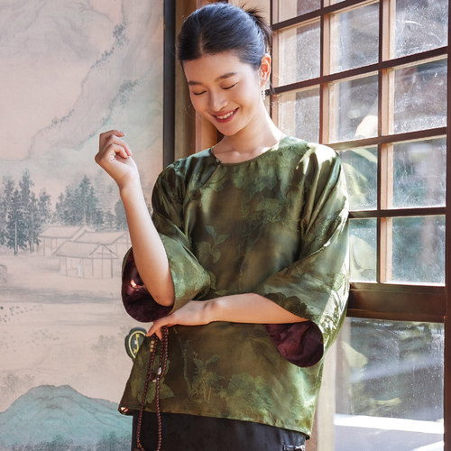 菲真丝重磅红云纱斜襟唐装女上衣