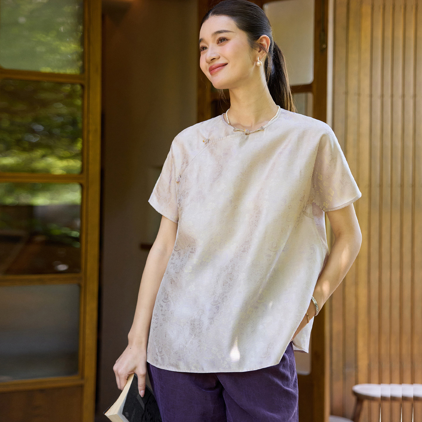 菲伊唐真丝云霞锦夏短袖中国风中式复古改良圆领唐装短旗袍女上衣