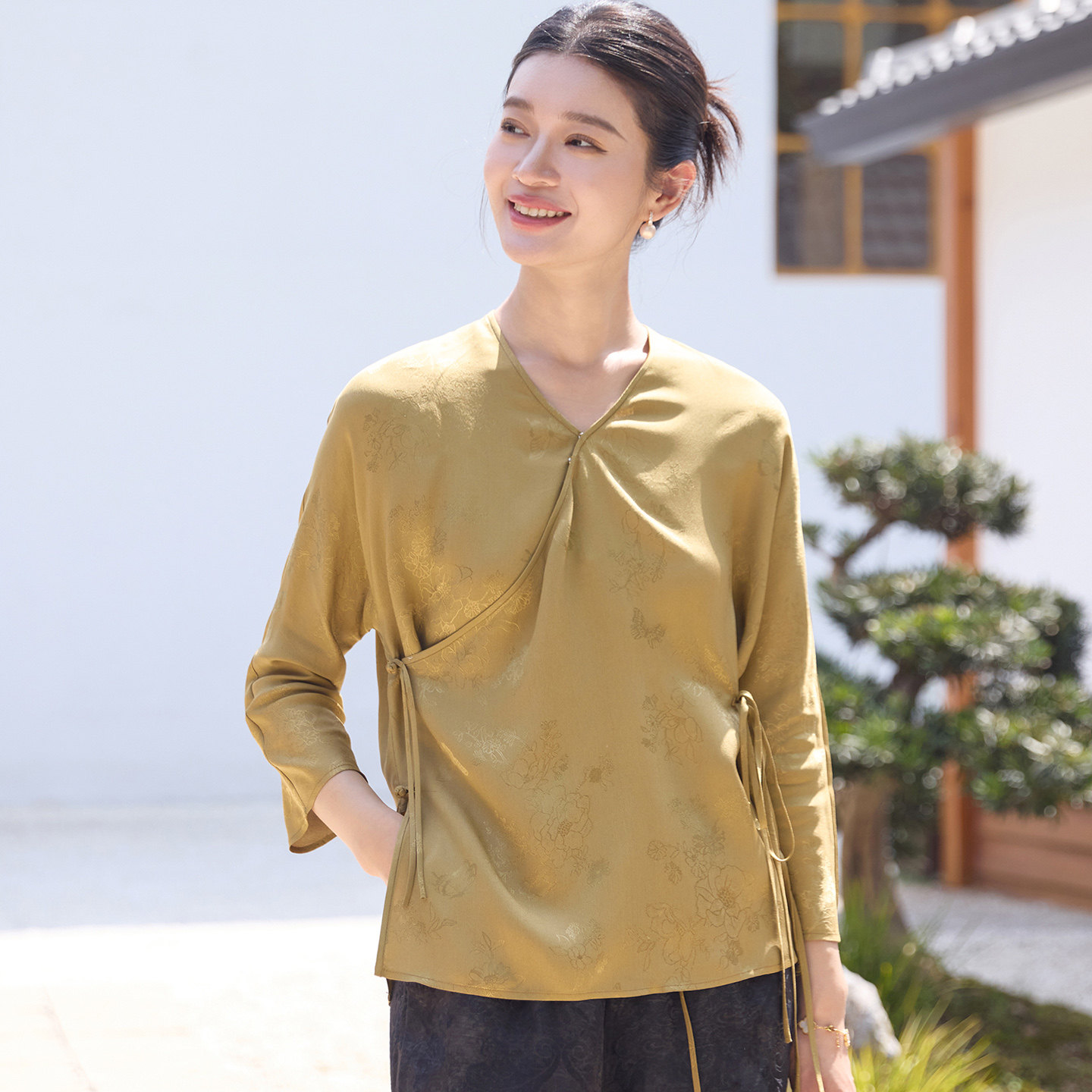 菲伊唐新中式改良衬衫 中国风真丝花萝提花斜襟V领唐装系带女上衣
