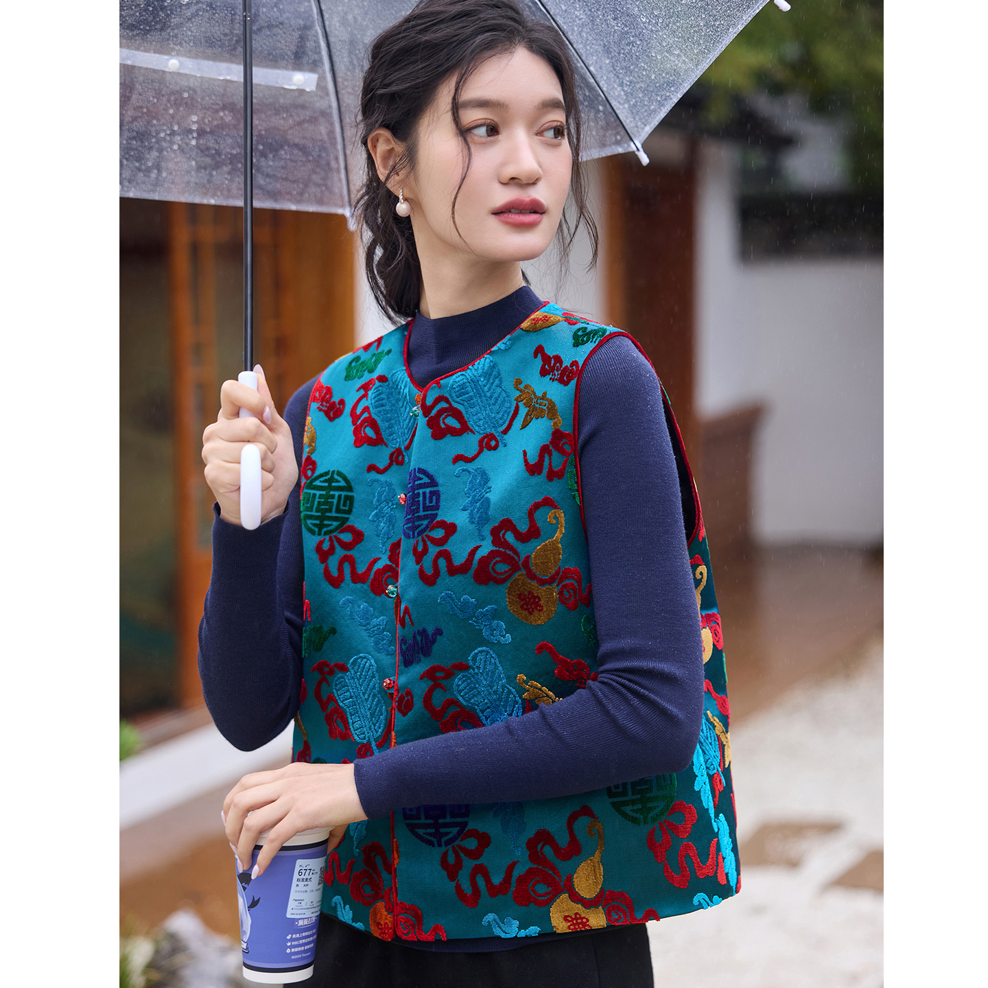 菲伊唐真丝非遗漳绒圆领古马夹甲