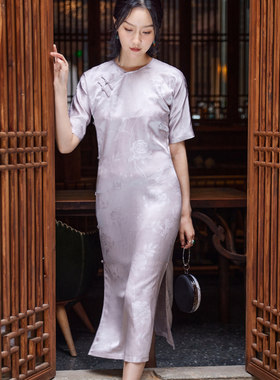 真丝交织提花缎女连衣裙长款旗袍
