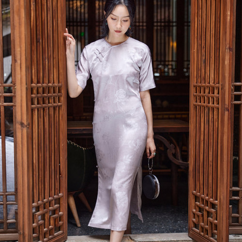 真丝交织提花缎女连衣裙长款旗袍