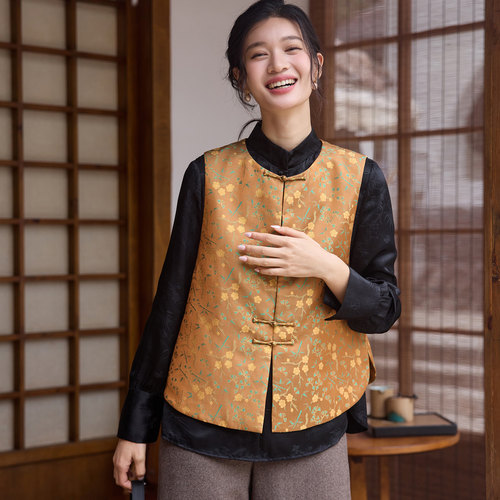 菲伊唐真丝宋锦对襟圆领冬马夹女