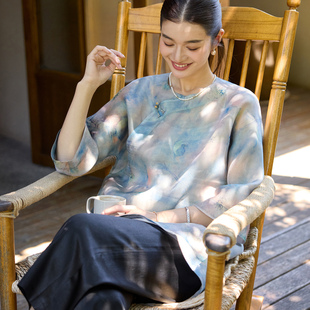 真丝织金欧根纱印花中式复古裙子改良立领显瘦中长旗袍裙女连衣裙