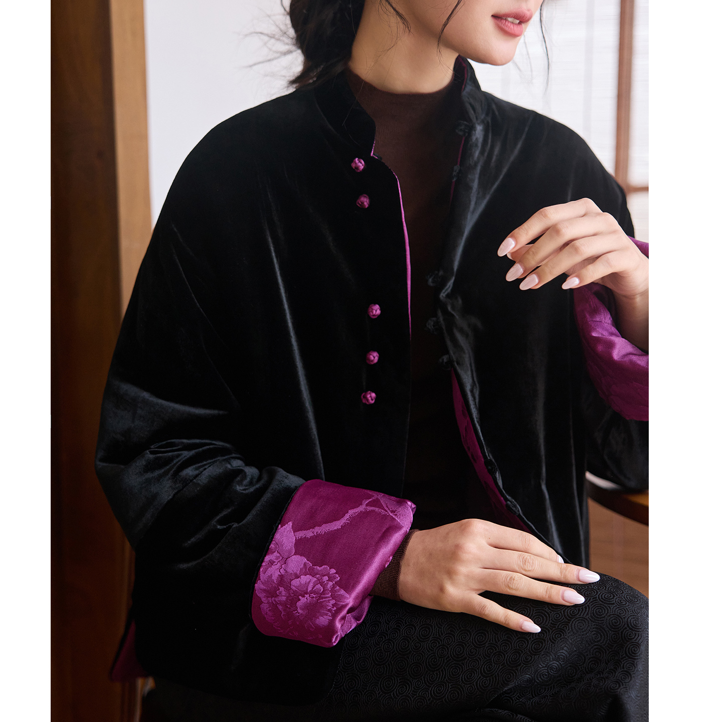 菲伊唐真丝绒两面穿夹棉冬女上衣