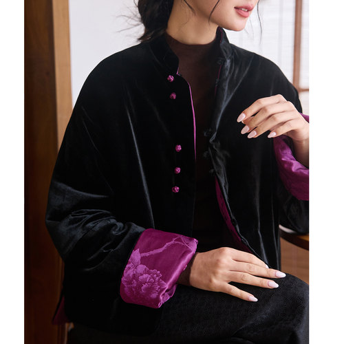菲伊唐真丝绒两面穿夹棉冬女上衣