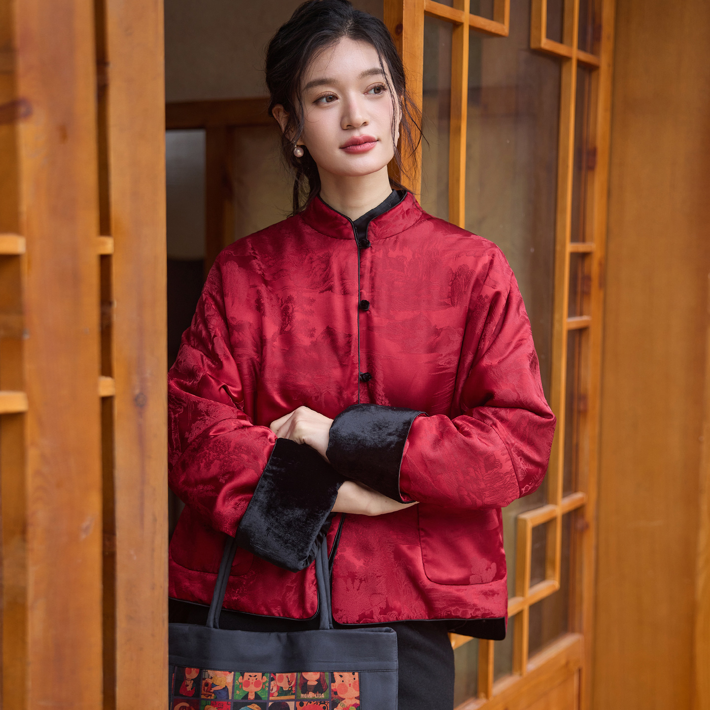 菲伊唐中式复古宽松真丝绒外套女