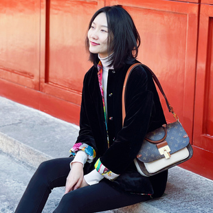 菲伊唐中式 外搭女上衣 冬季 復(fù)古寬松真絲絨外套兩面穿夾棉印花唐裝