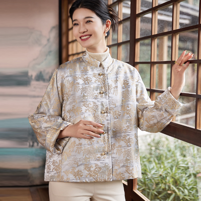 真丝织锦缎提花夹棉唐装女上衣冬
