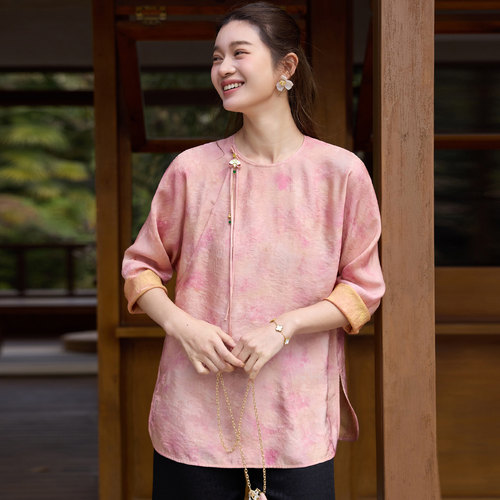 菲伊唐春人丝印花缎中国风女上衣