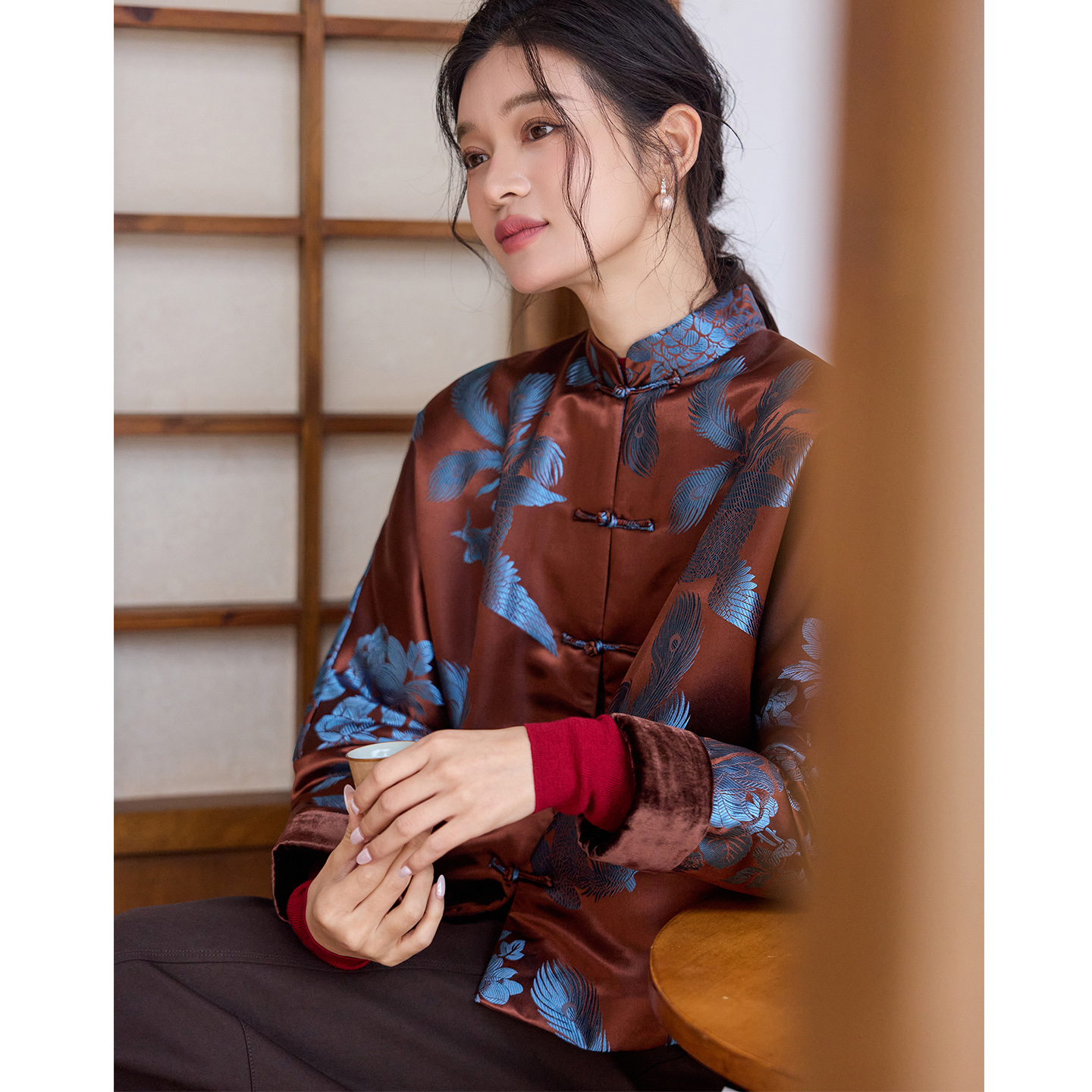 菲伊唐真丝交织老宽松蝙蝠袖上衣