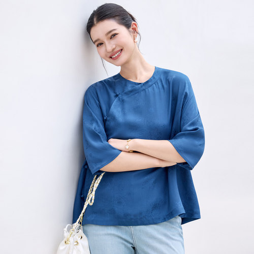 菲伊唐真丝花萝提花衫改良女上衣