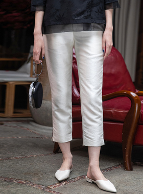 菲伊唐真丝光泽感丝毛九分裤女白色修腿显瘦百搭气质直筒裤长裤女