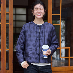 菲伊唐真丝提花段盘扣宽松蝙蝠袖中式复古改良唐装棉衣外套女上衣
