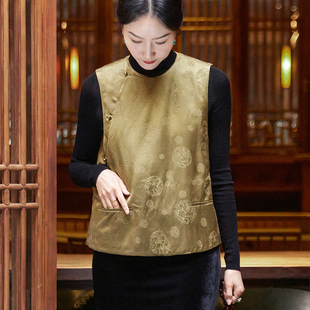 女背心马夹女上衣 改良女立领复古唐装 真丝交织提花马甲新中式 时尚