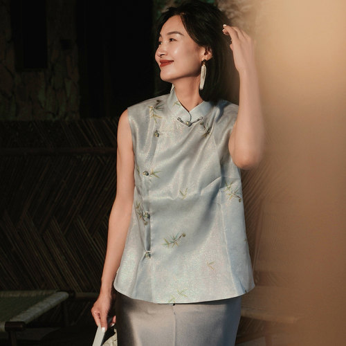 菲伊唐真丝织金提花欧根缎马甲女