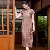 单旗袍裙 复古风斜襟薄女长款 菲伊唐短袖 真丝花萝红云纱连衣裙中式