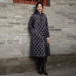 冬季醋酸缎中长款菱格中式改良女汉服羽绒服唐装盘扣女士外套上衣