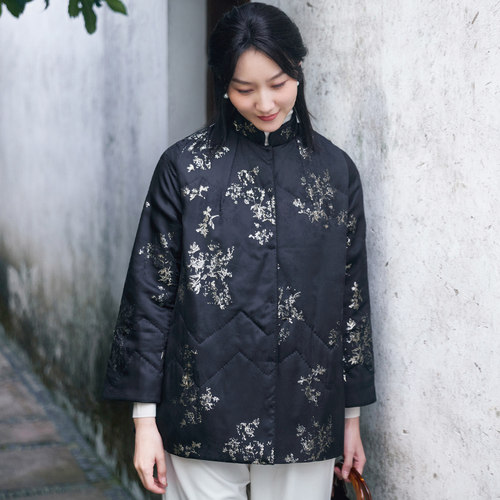 菲伊唐真丝提花短复古修身棉衣女