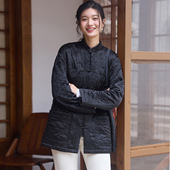 女外套 复古宽松冬棉衣唐装 真丝素缎压花中国风开襟中长款 上衣中式