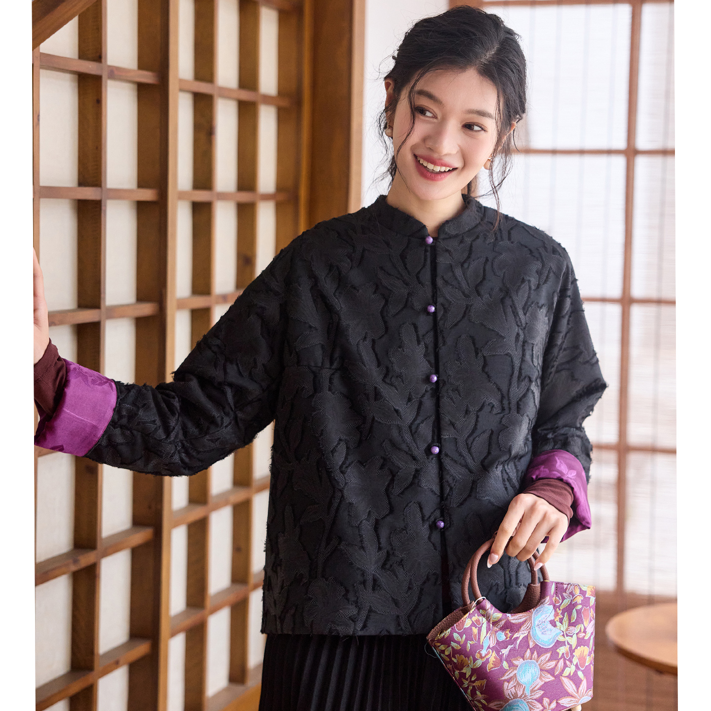 菲伊唐羊毛混纺剪花缎外搭女外套