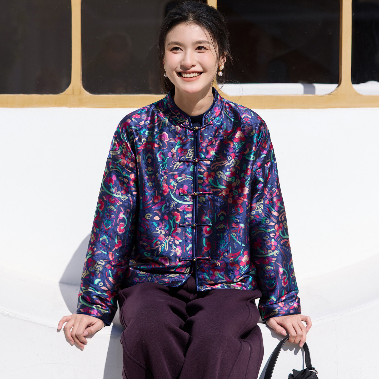 菲伊唐真丝妆花锦冬棉衣女上衣冬中式复古改良对襟立领夹棉外套女