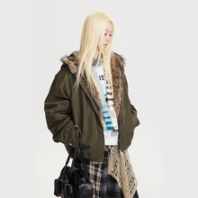 CATTEE美式座山雕连帽毛领棉服男女冬季宽松加厚棉衣情侣红色外套