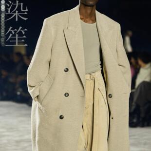 双排宽松大码男装中老年冬季加厚羊绒大衣呢子风衣米色小山羊绒料