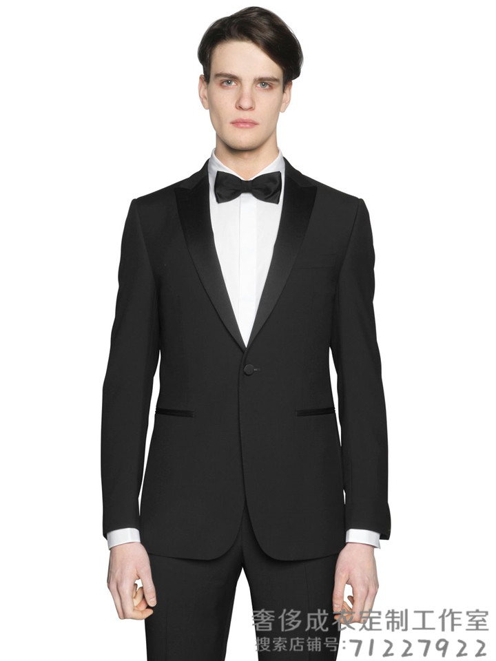 手工定制男士羊毛西服正装毛料西服套装定做真丝缎面领子修身潮流
