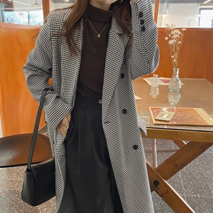  chic 复古气质千鸟格宽松双排扣长款风衣外套图片