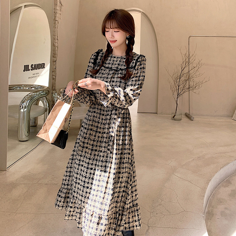 现货2021秋冬新款复古女装格子绑带收腰蕾丝拼接雪纺连衣,女装连衣裙,潮品会