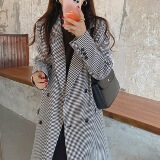 chic复古气质千鸟格宽松双排扣长款风衣外套，女装风衣，潮品会