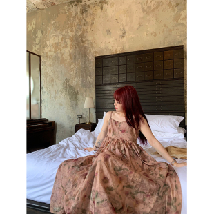 原创小众设计限量款 nosce 烟熏玫瑰苎麻清透吊带连衣裙 temet