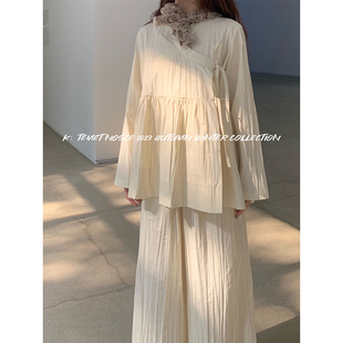 斜襟绑带白褶褶蓬蓬套装 原创设计全棉立体褶皱中式 nosce temet