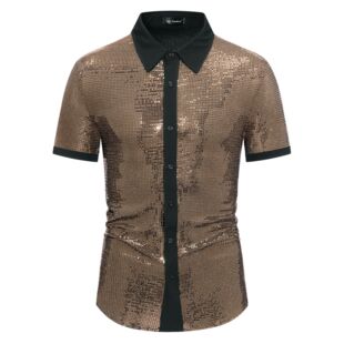 欧美复古休闲大码帅气闪亮衬衣男舞台歌手演出服撞色亮片短袖衬衫