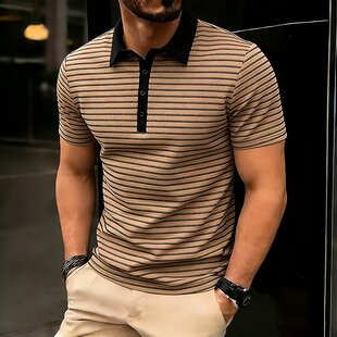 英伦商务休闲拼色条纹短袖POLO衫男欧版宽松大码青年痞帅翻领T恤
