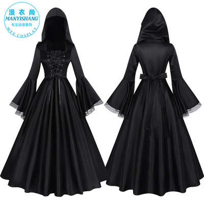 欧美复古连帽绑带束腰连衣裙哥特风暗黑女巫喇叭袖蕾丝长裙演出服