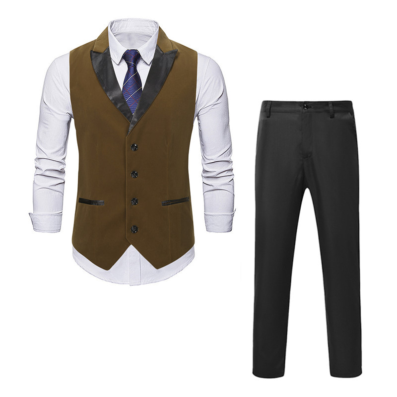 欧美咔叽风撞色西装领麂皮马甲男秋季休闲大码鹿皮绒马夹套装礼服