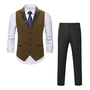 欧美咔叽风撞色西装领麂皮马甲男秋季休闲大码鹿皮绒马夹套装礼服