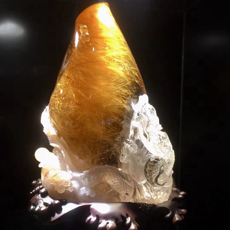 诺源收藏款天然金发晶龙摆件原石原矿精致雕刻家居办公开业装饰