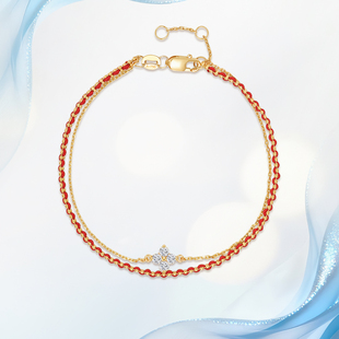 18K金天然真钻女幸运四叶草双层手绳本命年轻奢红绳手链新年礼物