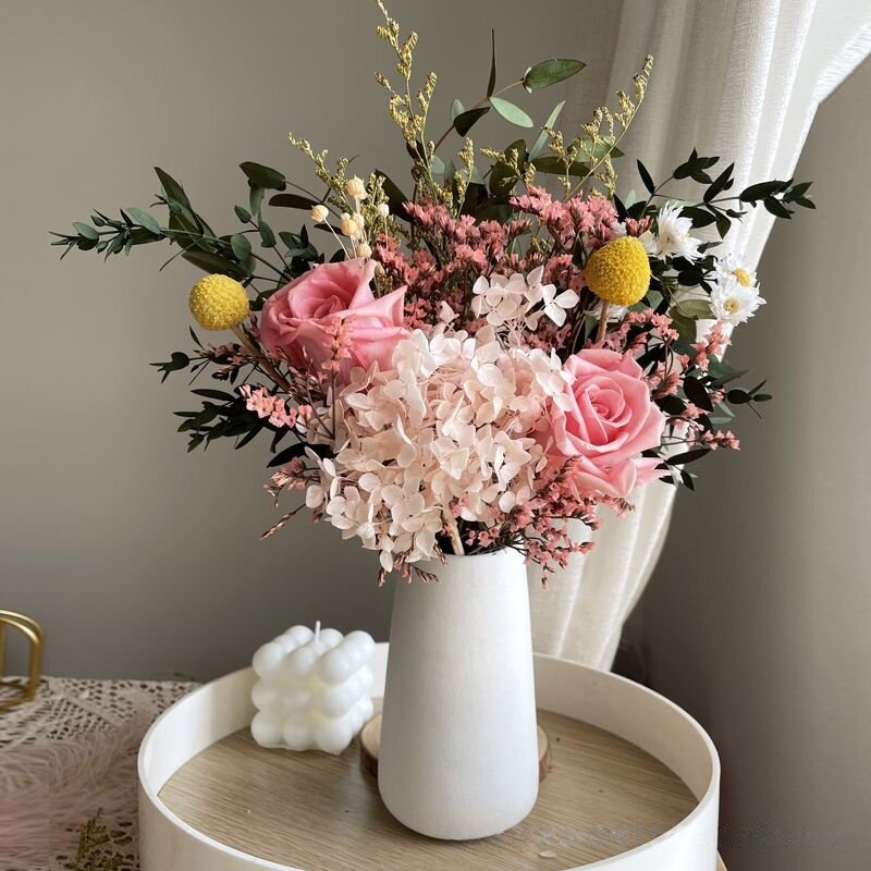 永生花玫瑰尤加利干花花束网红摆件真花满天星绣球水晶草家居装饰