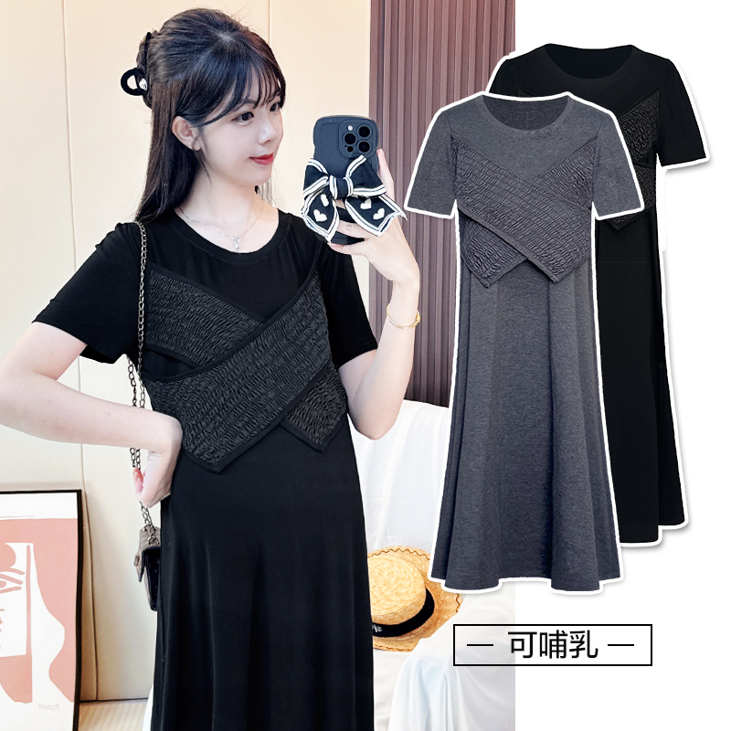 孕妇装夏装套装大码哺乳上衣短袖裙子夏季孕妈高级穿搭法式连衣裙