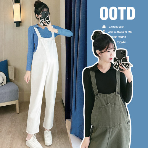 孕妈潮搭外出背带裤针织衫两件套