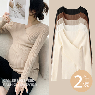 上衣高级感穿搭洋气外出哺乳针织衫 大码 内搭毛衣 秋冬款 孕妇打底衫