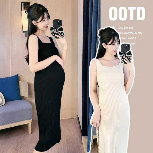 孕妇秋装穿搭吊带针织打底连衣裙