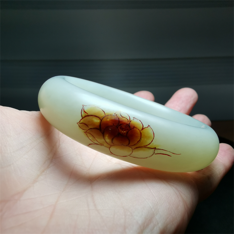 新疆和田玉籽料玫瑰荷花牡丹梅花雕花工艺手镯黄沁白玉碧玉镯定制