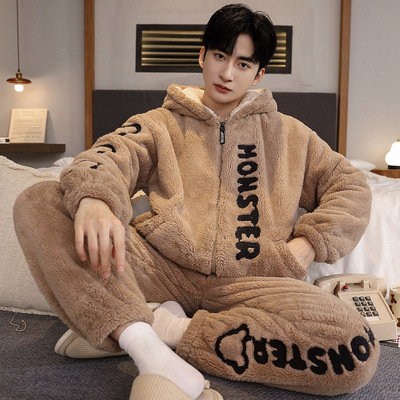 睡衣男秋冬款加绒加厚珊瑚绒青少年冬天可外穿男士大码家居服套装