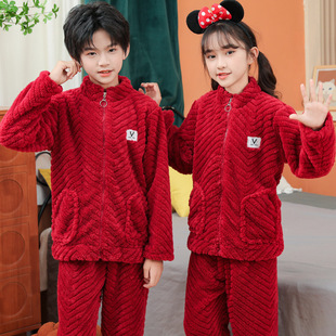 儿童秋冬款法兰绒睡衣套装男孩女童珊瑚绒加厚加绒宝宝大童家居服